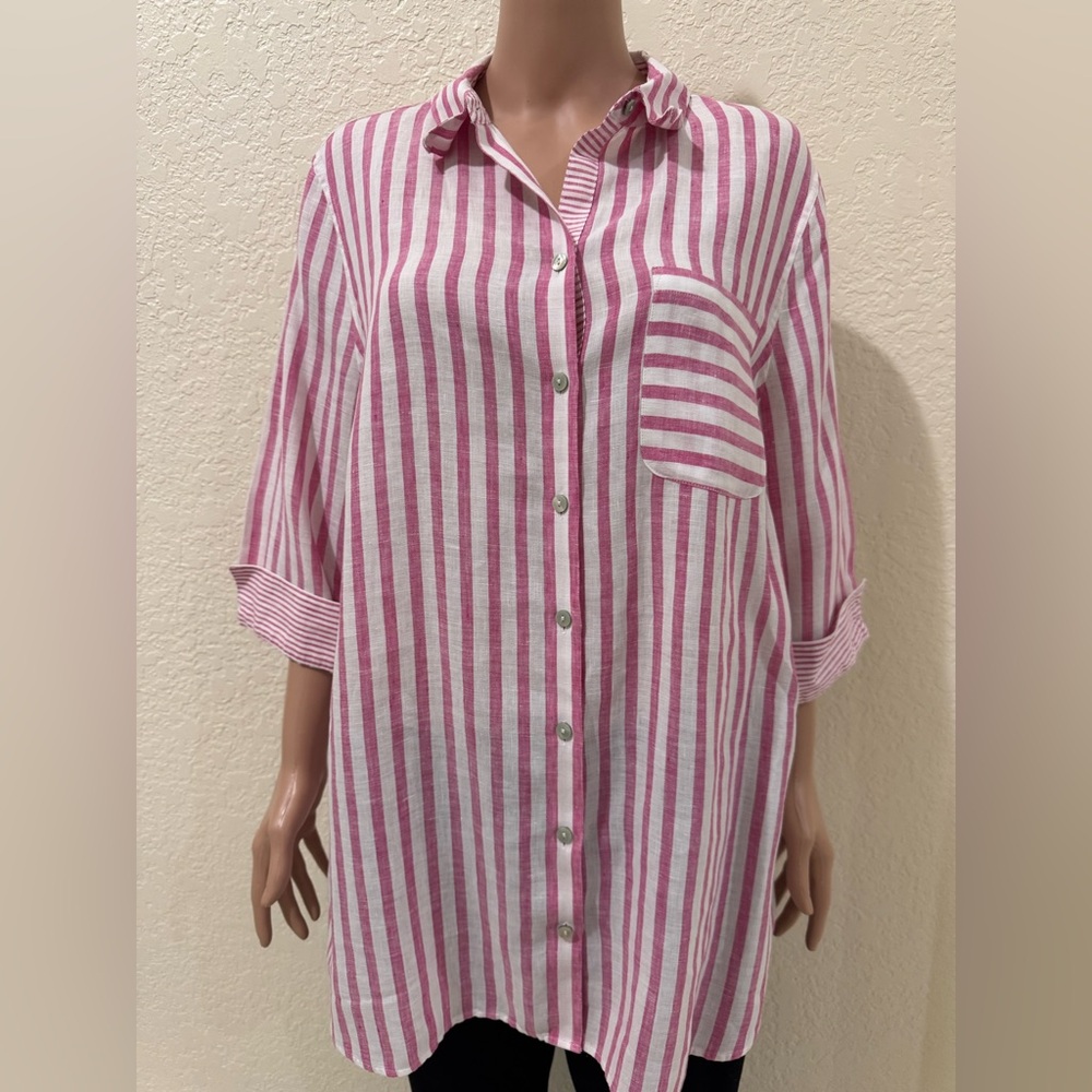 A cute pink and white striped button up top from Chicos!